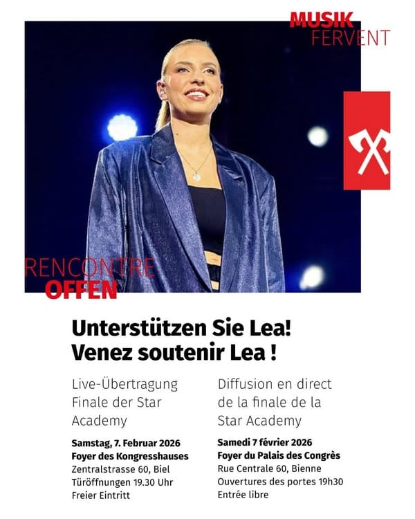 ➡️ A cidade suíça de Bienne (Biel em alemão, BE) volta a demonstrar o seu apoio a Lea, finalista do programa televisivo Star Academy (TF1).