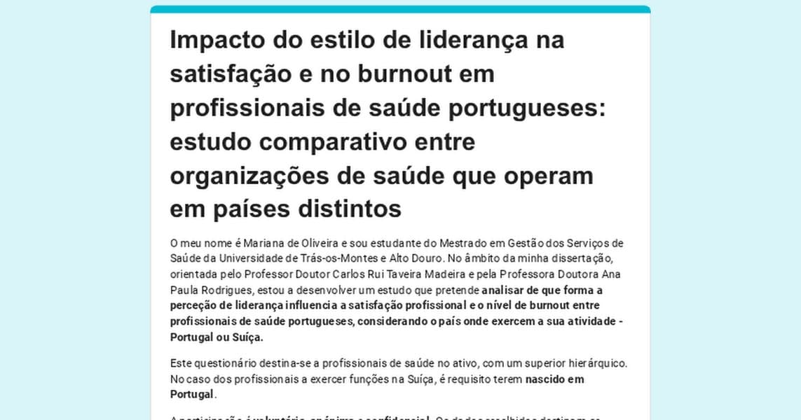 Estudo: convite a profissionais de saúde portugueses 🇵🇹🇨🇭