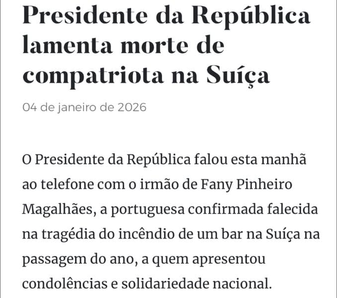 Marcelo Rebelo de Sousa lamenta a morte da cidadã portuguesa e “falou esta manhã ao telefone com o irmão de Fany Pinheiro Magalhães (…), a quem apresentou condolências e solidariedade nacional”, refere uma nota publicada no site da Presidência da República.