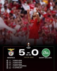 Liga Europa: Benfica goleia St. Gallen com póquer de Pavlidis e avança para a 3.ª pré-eliminatória